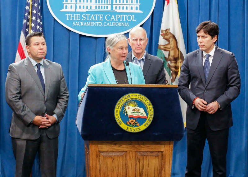Senator Fran Pavley (D-Agoura Hills) addresses the media after the passage of S.B. 32 in August. She’s flanked by Assemblymember Eduardo Garcia (D-Coachella), Governor Jerry Brown, and Senate President Pro Tem Kevin De Leon, from left. Image courtesy Fran Pavley’s office.