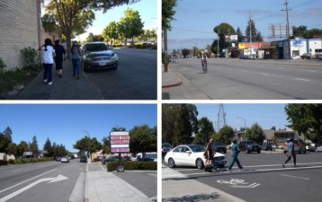 Hazardous and uncomfortable conditions greet people walking and bicycling on or along El Camino Real in Redwood City. Photos: Dyett & Bhatia