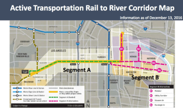 The Rail-to-River bike and pedestrian path will cut across much of South Los Angeles and through some of the Southeast Cities on its way toward the river. The bulk of the route follows the Slauson corridor (Segment A) with the Randolph Street route (Segment B4) serving as the most likely route through the Southeast. Source: Metro