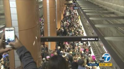 Still shot from ABC7 report on overcrowding at L.A. Metro rail last Saturday.