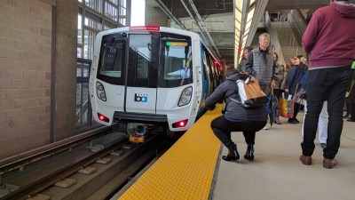 BART parked a new car from its "Fleet of the Future" in its new station to celebrate. Photo: Streetsblog/Rudick