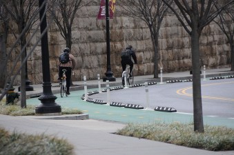 The First Street NE protected bike lane accounts for 0.6 miles of the 16-mile protected bike lane network taking shape in DC. Photo: Jonathan Maus/Bike Portland