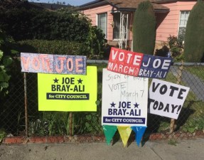Signs of support for L.A. City Council District candidate Joe Bray Ali, whose race remains too close to call. Photo: Joe Linton/Streetsblog L.A.