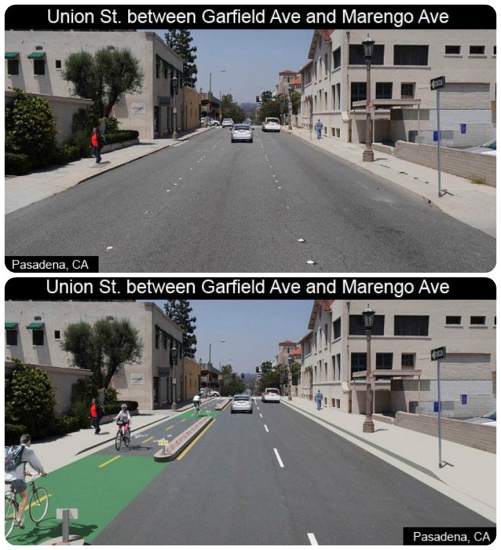 Pasadena's Union Street Cycletrack is one of the projects approved by the California Transportation Commission yesterday. Image from Pasadena DOT.