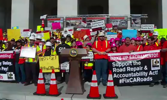 "We are the union! Mighty mighty union! Fighting for our roads!" Union members rallied in support of S.B. 1 today in Sacramento. Image: screengrab from Senate TV