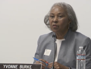 Yvonne Burke trying to get Caltrans staff to say that crashes are caused by distracted pedestrians at the most recent CTC meeting. Image: Screengrab from Caltrans.