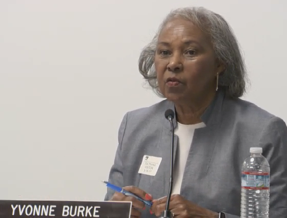 Yvonne Burke trying to get Caltrans staff to say that crashes are caused by distracted pedestrians at the most recent CTC meeting. Image: Screengrab from Caltrans.