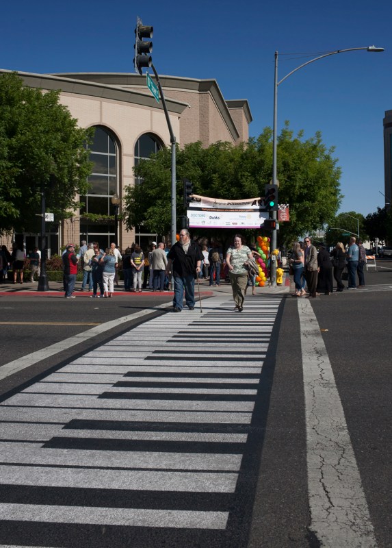 New crosswalk art on 10th and I streets in Modesto includes this piano key design by local resident John Griswold. Photo by Minerva Perez