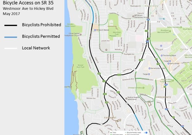 Image, via the Silicon Valley Bicycle Coalition: Caltrans District 4’s proposal to close Highway 35 to bicyclists from Westmoor Avenue to Hickey Boulevard.