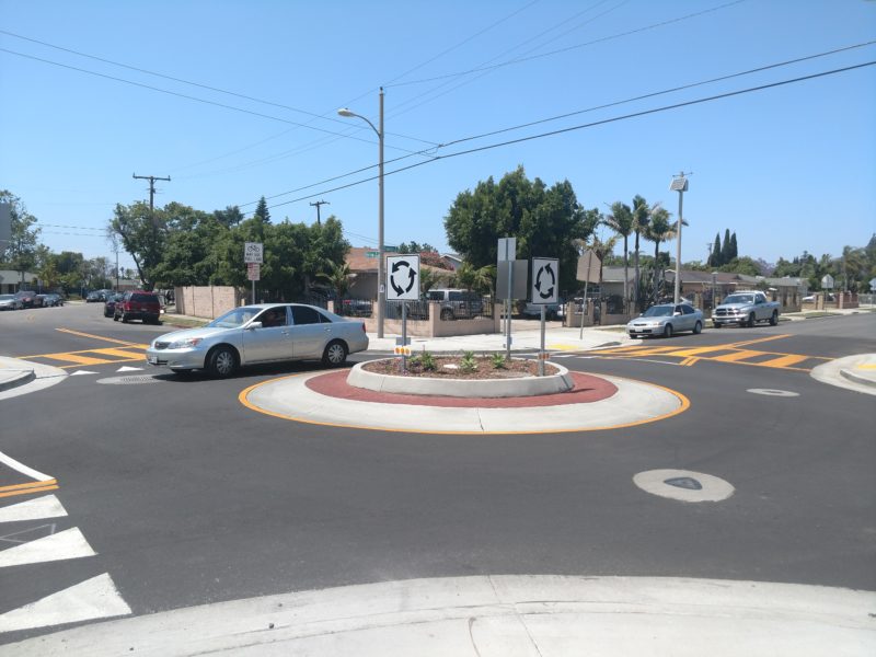State Active Transportation Program funds were used to build this and eight other roundabouts this past year in Santa Ana. The roundabout shown is in a residential neighborhood in West Santa Ana and includes new signs and bulbouts at each street corner. Photo by Kristopher Fortin
