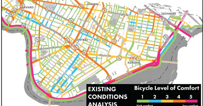 A map of Cambridge, Massachusetts, with streets categorized by how comfortable it is to ride a bike. Source: FHWA Bike Network Planning Idea Book