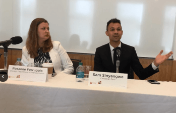 Rosanne Ferruggia of Chicago DOT and Sam Sinyangwe of Campaign Zero at yesterday's Vision Zero Cities panel. Photo: David Meyer