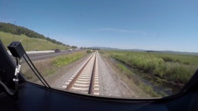 Preview rides start today of the Marin-Sonoma 'SMART' train service. Seen here from the driver's view, a SMART train races cars on 101. Photo: SMART