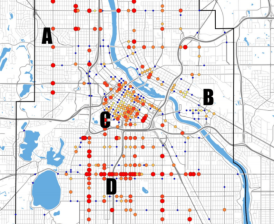 This map shows the number of crashes involving pedestrians in relation to the number of people who walk at a given location. Via Murphy, Levinson, and Owen