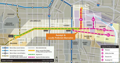 Segment A of the Rail-to-River bike and pedestrian path runs along Slauson, Segment B runs along Randolph. Source: Metro
