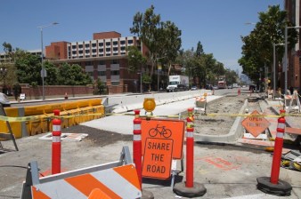 At Figueroa and Expo, a bus island takes shape. Sahra Sulaiman/ Streetsblog L.A.