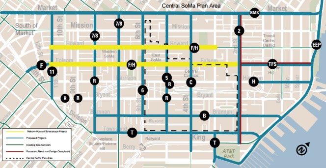 A map of SoMA with the project area in yellow. Image: SFMTA