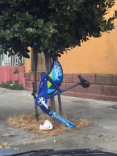 A Ford GoBike dismantled and hung. Photo posted by Erika Dumaine‎ on the San Francisco Bike Ride Crew Facebook page