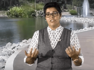 Monique López, Deputy Executive Director of Advocacy at the LACBC, tells her story at BUSted. (Screenshot of video)