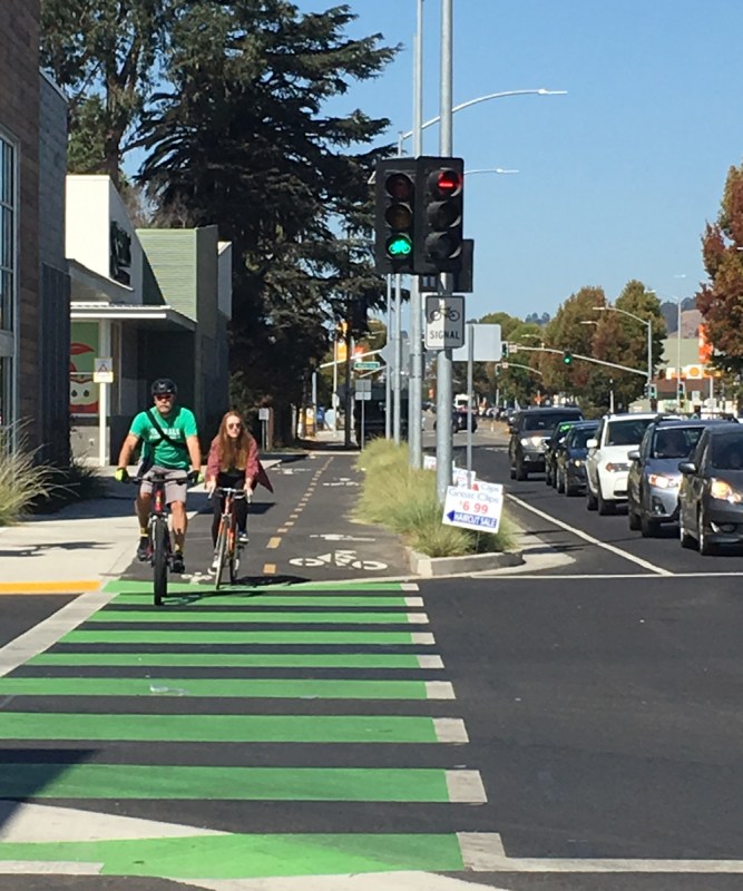 This short stretch of two-way protected bike lane in Albany won recognition from the American Council of Engineering Companies. Photo: Melanie Curry/Streetsblog