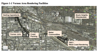 Within the South Coast Air Basin, there are five rendering facilities: Baker Commodities, Farmer John/Smithfield Foods, D & D Disposal/West Coast Rendering, Coast Packing, and Darling Ingredients. Source: AQMD