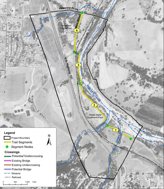 Proposed alignment of the Templeton-Atascadero pathway, which will allow bikes and pedestrians to get between these communities without having to go on the freeway. The project was awarded $3.3m from the Active Transportation Program by the CTC.