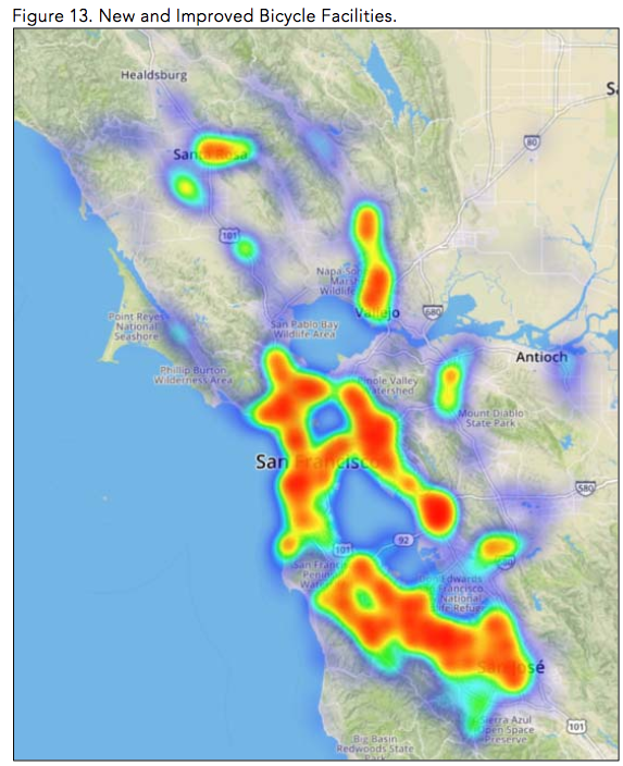 This heat map shows where people have requested new or better bike improvements on the state highway system in the Bay Area. Image from District 4 Bike Plan Survey summary.