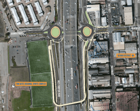 The Gilman Street I-80 Interchange was awarded ATP funds for a bridge that take pedestrians and bicyclists out of the picture. Image: Build alternative from  the Gilman/I-80 interchange project website.