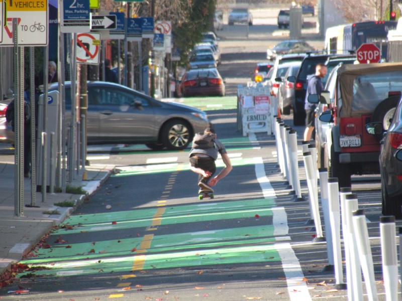 The two-way bikeway makes the area safer for many road users. All photos: Melanie Curry/Streetsblog