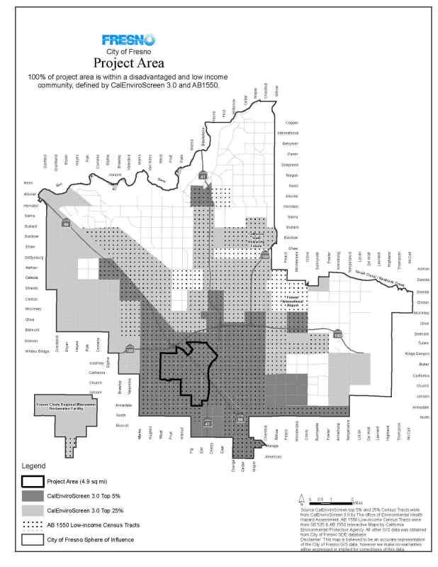 Transform Fresno includes projects in the downtown and southwest parts of the city, which are burdened by low income and bad air quality. Image from Strategic Growth Council staff report
