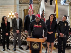 Walk SF's Cathy DeLuca, SFBC's Brian Wiedenmeier, Supervisor Jeff Sheehy, Families for Safe Street's Alvin Lester, Acting Mayor London Breed, and Police Chief Bill Scott, at this morning's event at City Hall to discuss progress towards Vision Zero. Photo: Streetsblog/Rudick