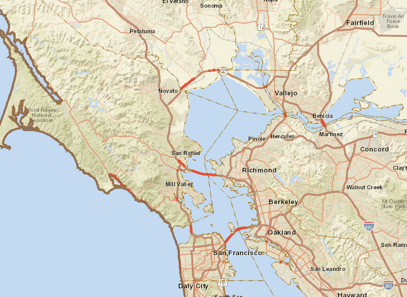 Map shows Bay Area highways and bridges (in red) vulnerable to a relatively low estimated 1.5-foot sea level rise. From Caltrans Climate Change Vulnerability Assessment Map
