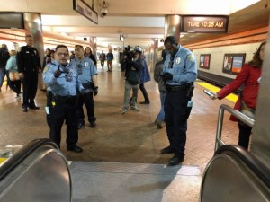 Fare inspectors at the bottom of the Powell Station escalator, shortly after this morning's press conference. All photos Streetsblog/Rudick