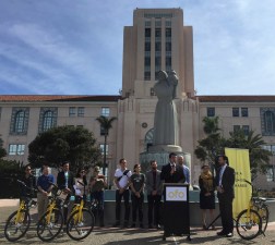 San Diego City Councilmember David Alvarez addresses the crowd before they head out for a test ride. Photo courtesy Circulate SD
