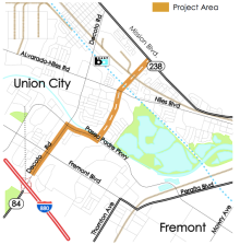 Union City wants to build a three-mile, $320 million highway connector with 3 bridges and several grade separations between two crowded highways and past a BART station. Image from East West Connector Fact Sheet