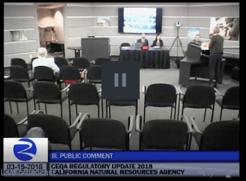 Sparse attendance at the Natural Resources Agency hearing on CEQA updates may reflect the wonky quality of the changes. Image: Screengrab from Cal-span.org