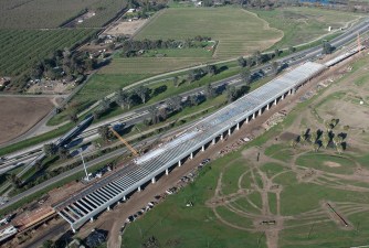 California High-Speed Rail  construction underway on the San Joaquin River Viaduct in North Fresno, March 2018. Photo by CAHSRA