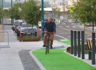 Newly painted green bike lanes are being used in Emeryville. All photos by Melanie Curry/Streetsblog