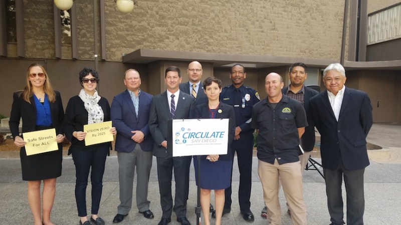 From left: Vision Zero supporters Kim Heinle, Mana Monzavi, and Dan Fesperman, Councilmember Chris Ward, San Diego Transportation Director Kris McFadden, CirculateSD Policy Director Maya Rosas, Officer Leonard Flake of the San Diego Police Department, Vision Zero supporters Andy Hanshaw, Juan Ramirez, and Joe Garbanzos. Photo courtesy CirculateSD