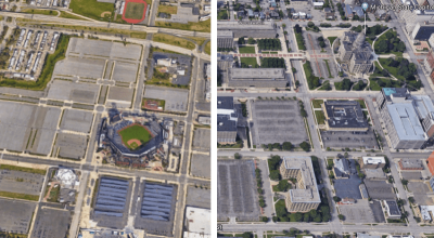 Which deserves to go to the parking crater championship? The state capitol asphalt acreage or the sports complex mega-lot?
