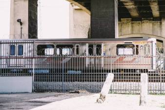 An L.A. subway train on the trail tracks along the river, under the now-removed 6th Street bridge. Photo: Streetsblog/Rudick