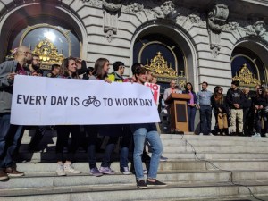 Advocates, politicians, agency heads, assembled on the steps of City Hall this morning on Bike to Work Day. All pics Streetsblog/Rudick unless indicated