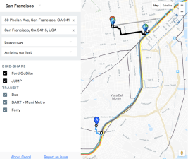 Planning a multimodal trip using bike-share is now easier-- in San Francisco. Image: Coord