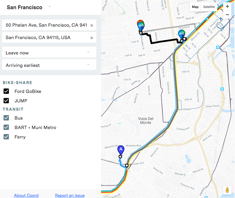 Planning a multimodal trip using bike-share is now easier-- in San Francisco. Image: Coord
