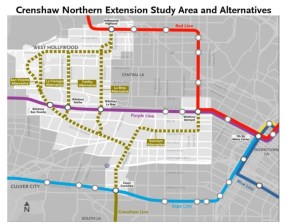 Map of Metro's proposed Crenshaw North alternatives. Image via Metro