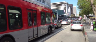 Car parked in Wilshre Blvd bus-only lane. Photo by Joe Linton/Streetsblog L.A.