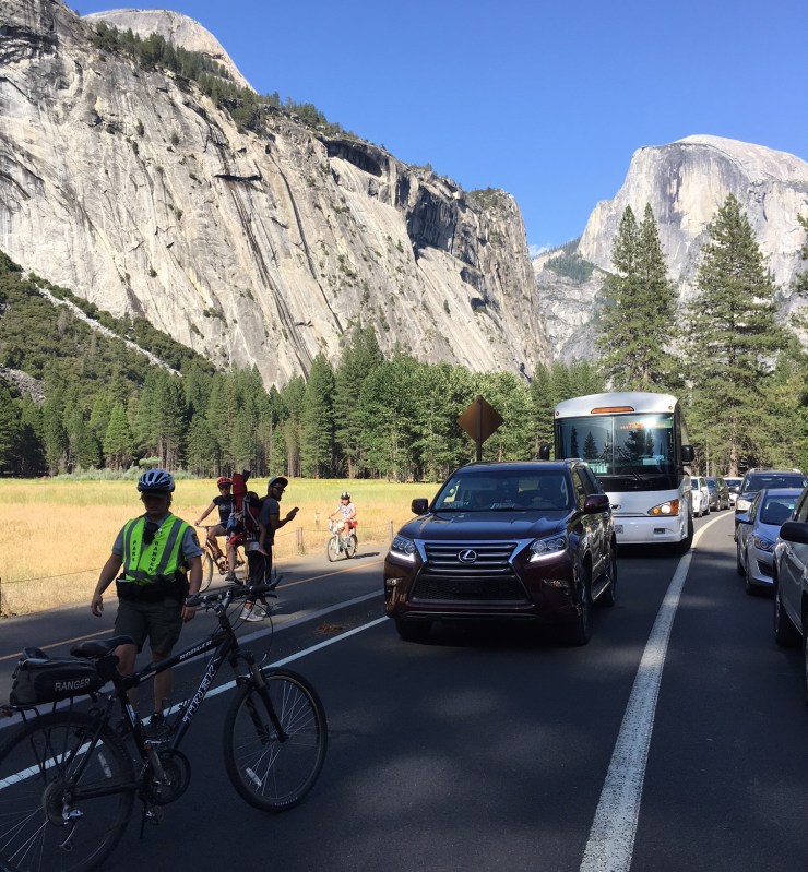 Yosemite ranger ticketing scofflaw drivers in the bus-only lane. Photo by Carrie Lincourt/Streetsblog L.A.