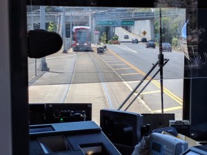 From the cab view of a KJ combo train heading into Glen Park (that's a test train ahead in the station). Photo: Streetsblog/Rudick