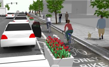 An ideal version of a protected bike lane on Telegraph, from Bike East Bay's campaign web page. Image: Bike East Bay