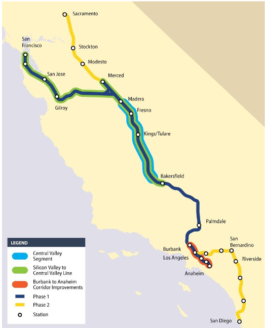 Phased implementation of California high-speed rail. Source: California High-Speed Rail Authority 2018 Business Plan